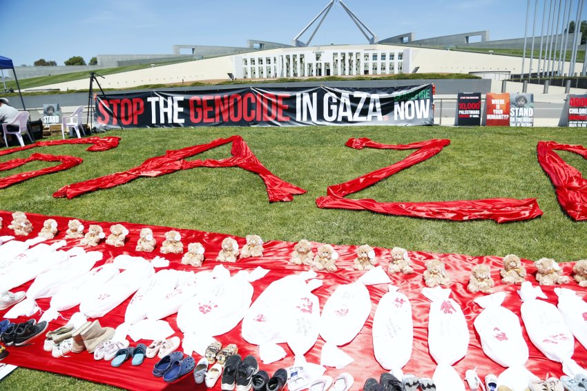 Stop genocide message outside federal parliament