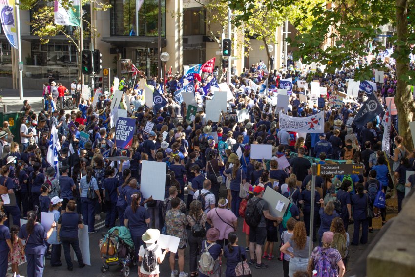 Nurses and Midwives strike outside NSW Parliament on February 15, 2022.