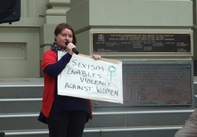 Protester speaking at anti-sexism rally in Geelong