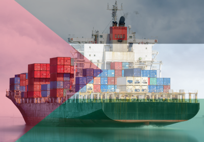Cargo ship with Palestine flag overlay