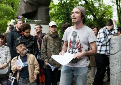 Kirill Medvedev speaking at a protest in Moscow, Russia.