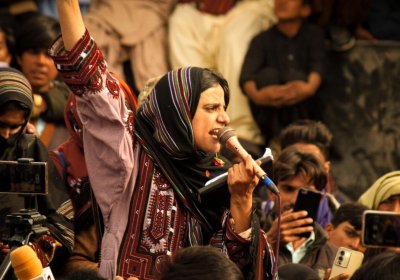 Dr Mahrang Baloch speaking to a rally