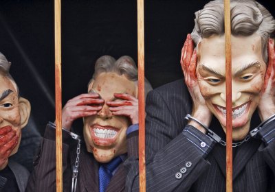 Protesters in blood spattered Tony Blair masks at a Stop The War demonstration in London, in 2010.