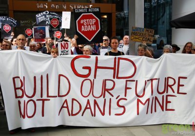 Protest outside the Brisbane headquarters of Adani contractor GHD Engineering on August 1.