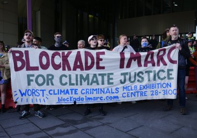 Protesters blockade the IMARC mining conference in Melbourne on October 29.