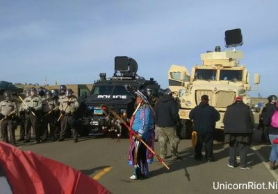 Water protectors and police in a stand off at Cannonball in North Dakota.