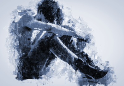 Man head between knees depressed watercolour