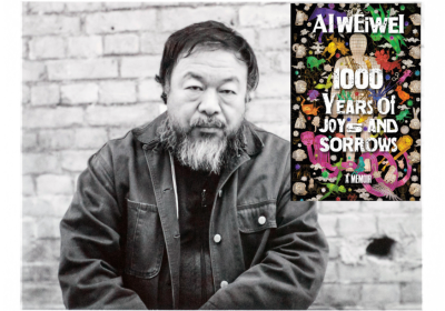 Ai Weiwei pictured with the cover of his memoir. Ai Weiwei image: Alfred Weidinger/Flickr CC by 2.0