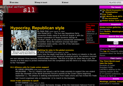 A screenshot of the Global Action / S11 website launched by Green Left in 2000.