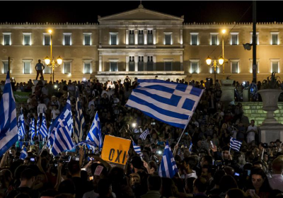 Greeks celebrate the victory of the "No" side in the July 5 referendum.