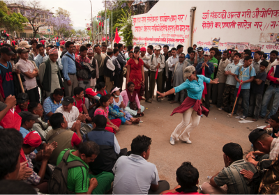 Dancing at a barracade in Kathmandu during the Maoist May 2-7 general strike.