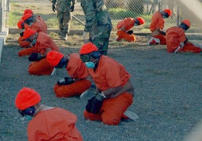 Detainees held in Camp X-Ray at the US Guantanamo Bay facility.
