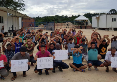 Refugees protest in Manus Island detention centre. Photo: Abdul Aziz Adam