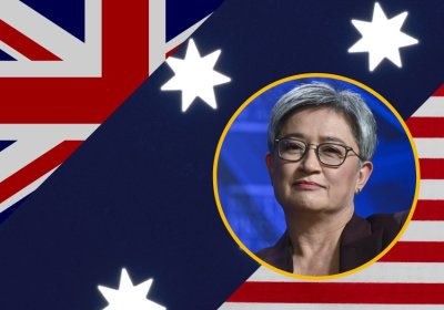 Background is the UK, Australia and US flag. Inset is Foreign Affairs Minister Penny Wong