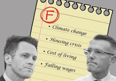 Chris Minns (left) and Dominic Perrottet superimposed over a failed report card