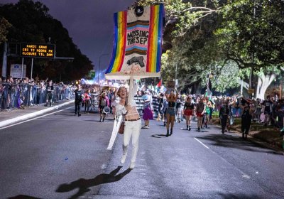 Pride in Protest float calls for police to not be allowed to march in the Mardi Gras parade.