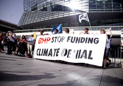 A protest outside BHP's AGM, in Sydney on November 7. 