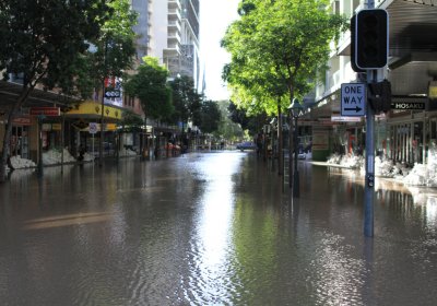 Flooded Albert Street in Brisbane CBD
