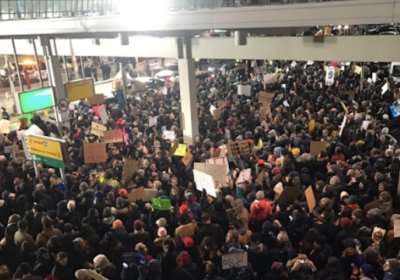 Huge crowds gathering at JFK airport in New York on January 28.