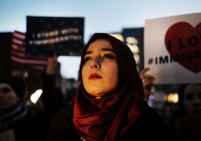 Protesters in New York on January 25 in response to Trump's immigration restrictions.