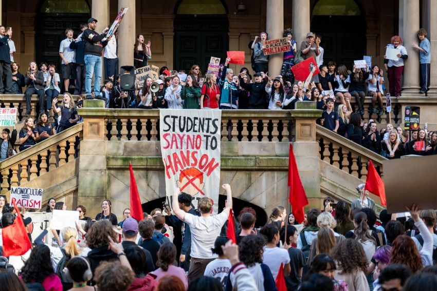 students at sydney town hall protest hanson