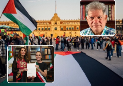 protesters with two inset pics. One is of the interviewee and the other is of Mexican president with the Palestinian representative