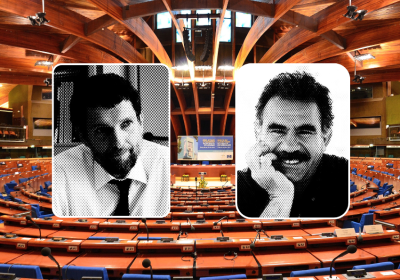 Council of Europe chamber with two inset photos of political prisoners