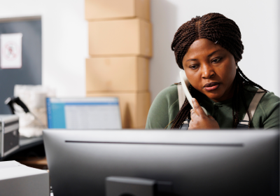 African American woman worker speaking on the phone