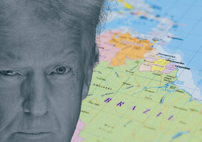 Trump's face with map of Latin America in the background