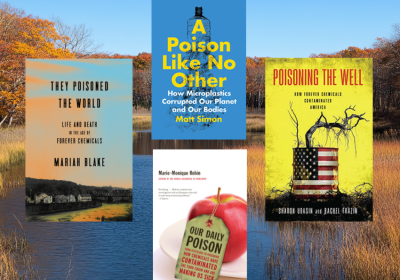 Book covers against a background of a wetland