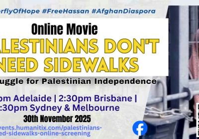 Graphic for online film screening event 'Palestinians Don't Need Sidewalks' on 30/11/2025