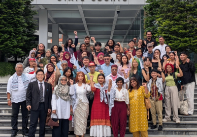 People assembled outside a building