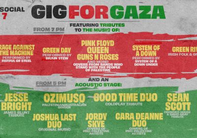 Slide listing the artists who will be playing at the Gig for Gaza