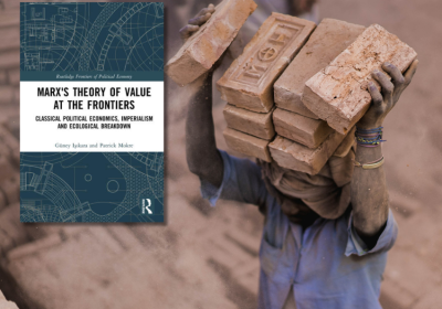 Book cover overlaid on a picture of a worker carrying bricks