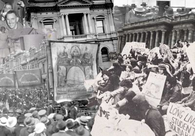 Collage of archival black and white labour history photos