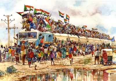 Painting of a crowd on top of a bus during the Sudanese revolution