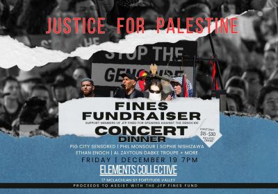 Graphic for event Justice for Palestine Fines Fundraiser, Concert & Dinner, 19/12/2025