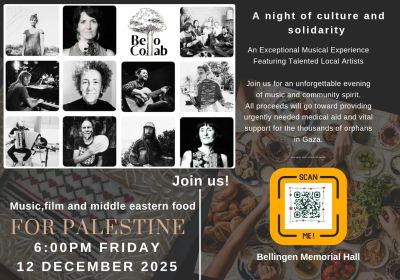 Graphic for event Music, Films & Food for Palestine, 12/12/2026, Bellingen Memorial Hall