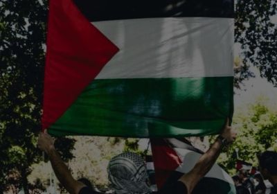 Cropped photo of person holding Palestine flag at Palestine solidarity protest