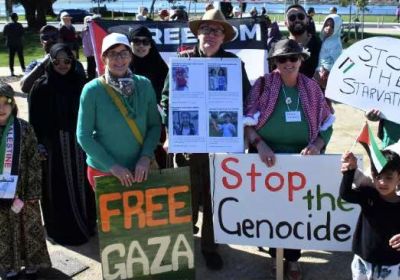 Cropped photo of Palestine solidarity protesters at Waterfront Park, Devonport Tasmania 2025
