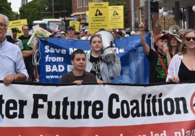 Cropped photo of rally to defend public housing in Sydney, Gadigal Country