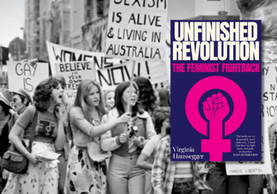 Book cover against historic photo of 1970's women's liberation march