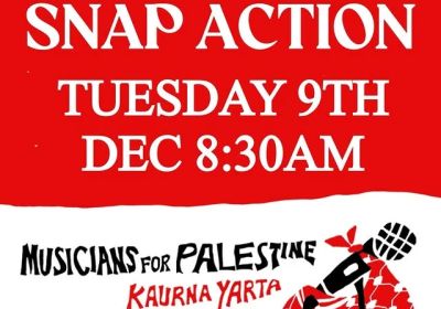 Graphic for event Sanp action: Cut the mic on genocide - Boycott Genocide, 8:30am 09/12/2025 Collinswood