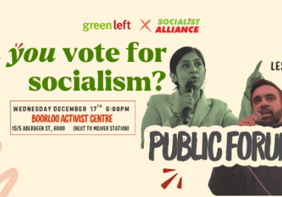 Image of Zohran Mamdani and Zarah Sultana in slide advertising public forum