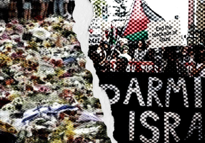 two images of floral tributes at Bondi and protest against Israel's war on Gaza