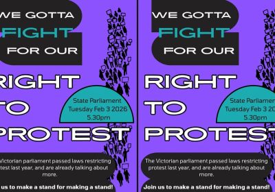 Graphic for protest event We Gotta Fight For Our Right To Protest, 5:30pm 03/02/2026 Parliament of Victoria, Naarm