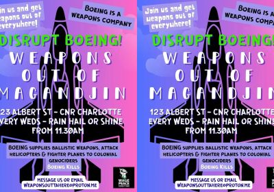 Graphic for event Disrupt Boeing! Weapons Out Of Magan-djin, 11:30am Wednesdays, 123 Albert St, corner of Charlotte, Brisbane City