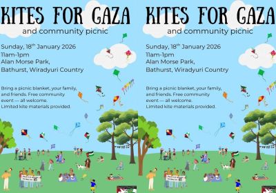 Graphic for event: Kites For Gaza and Community Picnic 11am-1pm 18/01/2026 Alan Morse Park Bathurst, Wirdayuri Country