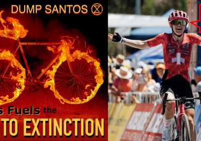 Graphic that says Santos Fuels The Race To Extinction