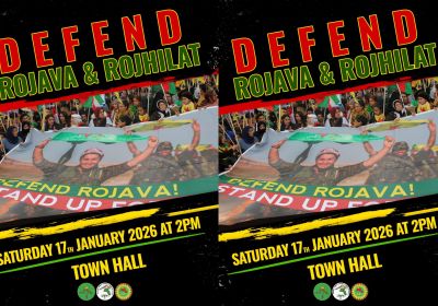 Graphic for protest event: Defend Rojava and Rojhilat! 2pm 17/01/2026 Sydney Town Hall Gadigal Country